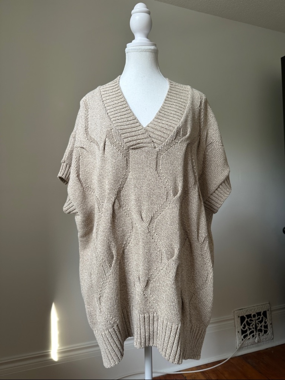 PARKHURST Cotton Country Tan Cable Knit Chunky‎ Preppy Short Sleeve Sweater L/XL